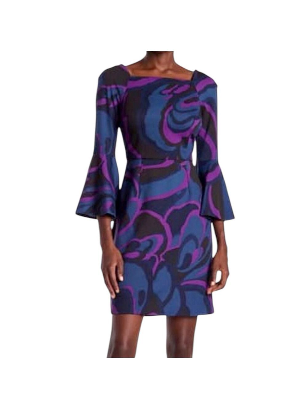 Trina Turk Size 14 Bell Sleeve Dress | Purple & Blue Swirl Geometric Mod Print - Picture 3 of 11